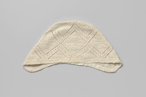 Knitted Cap of White Cotton with Openwork Zigzag Edges, Between Which a Densely Knitted Motif