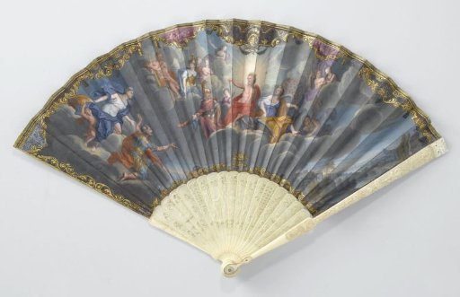 Folding fan with double paper leaf, painted in gouache on the front with a combination of scenes from the Odyssey of Homer and on the back Zephyrus holding a floral wreath above Flora, on an ivory mount pierced and carved in relief