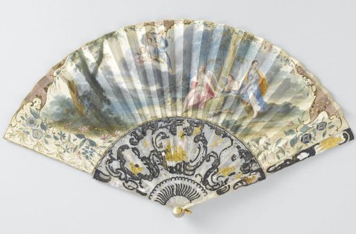 Folding fan, with paper leaf painted in watercolour with a representation of Hermes, with oval female portrait, looking at three persons below him, on a mount of mother-of-pearl carved in relief with gilded silver