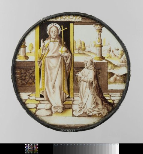 Pane with a kneeling monk before Christ