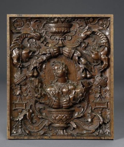 Panel with a Medallion of a Woman's Head. Frame with Horns with Leaves and Fruit Surrounding Grotesques.