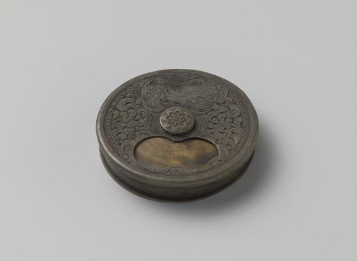 Snuffbox of tin decorated with a landscape in a cartouche