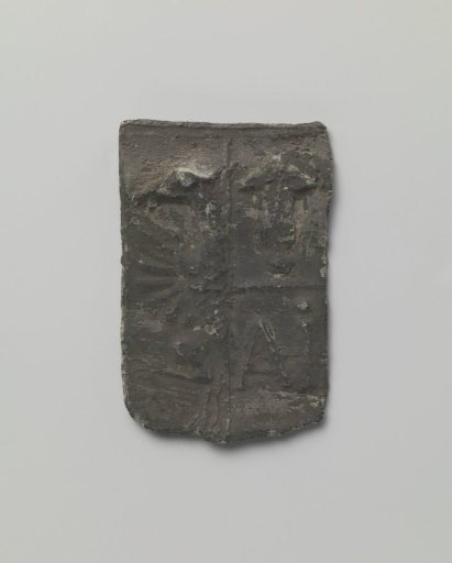 Lead cover plate, shield-shaped for covering the nails of a lead roof covering