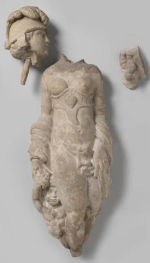 Female figure, nude, with broken helmeted head.