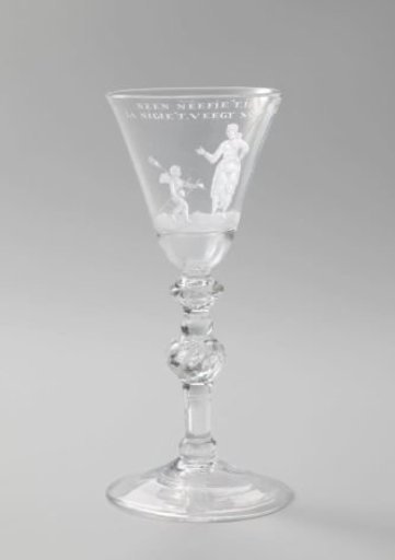 Wine glass with a putto and a woman with raised skirt