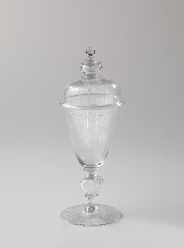 Chalice glass with rose branches, insects and inscription
