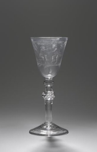 Goblet glass with two hand-shaking boys