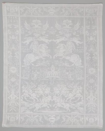 Napkin with the Battle of Malplaquet and the equestrian portrait and coat of arms of John Churchill, Duke of Marlborough