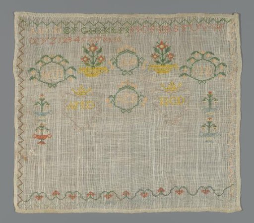 Linen sampler. The embroidery consists of cartouches with crowns and the embroidered initials: ACD, AD, CID, AMD, IICD. The sampler is part of nine samplers of different sizes.