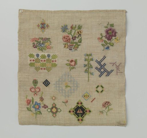 Embroidered piece of beige-tinted linen. The embroidery features petit point with rococo stitch. The sampler is part of nine samplers of different sizes.