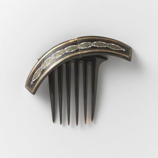 Hair Comb of Dark Tortoiseshell or Horn with a Narrow, Hinged Back Inlaid with Mother-of-Pearl and Gilding, Six Teeth