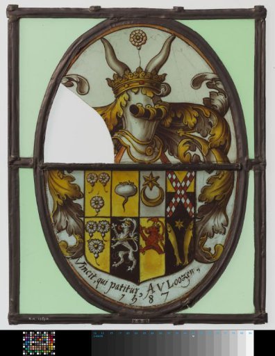 Shield Window with Coat of Arms and Motto "Vincit qui patitur A.V. Loozen 1587"