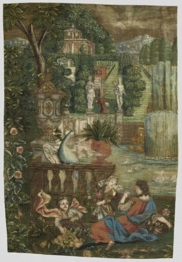 Wall covering of coarse jute with a depiction of figures in a garden with a pond.