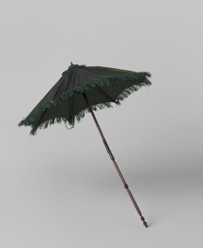 Parasol with cover of green changeant silk and long carved rosewood folding stick