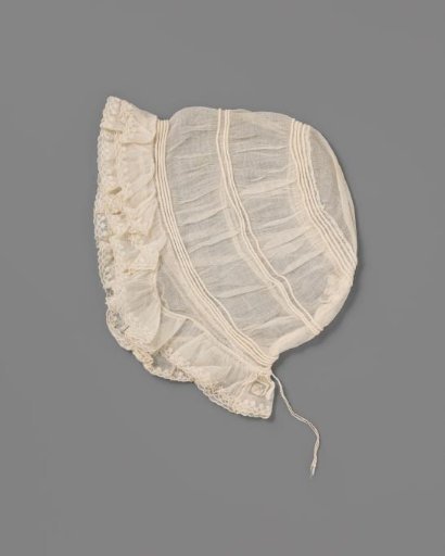 Cap of Buckram with Three Gathered, Cord-Filled Stripe Decorations and Embroidered Strips