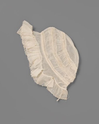 Cap of Buckram with Three Gathered, Cord-Filled Stripe Decorations and Gathered Strips