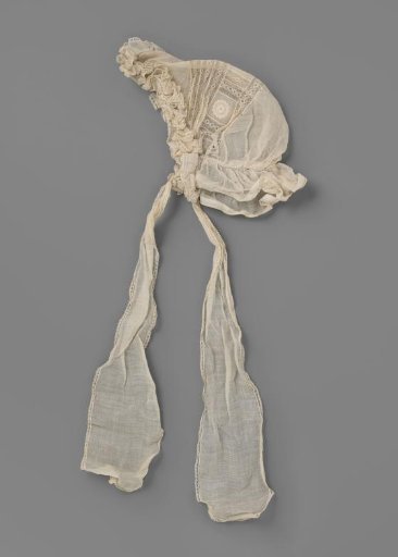 Nightcap of glass batiste with embroidery, an entre-deux of machine-made Valenciennes lace and a fringed strip