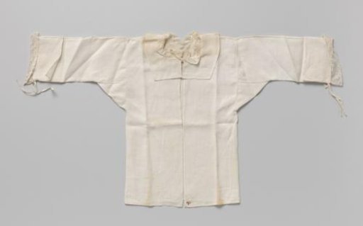 Children's shirt of white linen, with flat straight collar, threaded ribbon ties, long sleeve and lace edge along the neck; marked in red cross-stitch: NG12