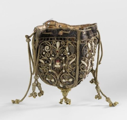 Purse of purple velvet, consisting of four flaps alternately embroidered with the crowned monogram 'DG' or 'ML' or two clasped hands under a burning heart, in multicoloured silk, gold thread, pearls, spangles and rubies