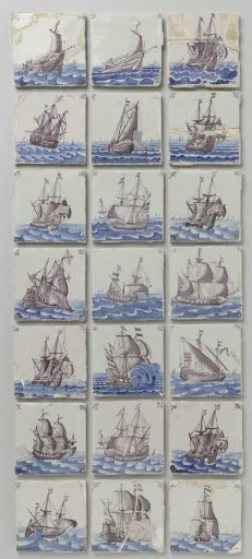 Group of 21 tiles belonging to the fireplace from the building of the West India Company