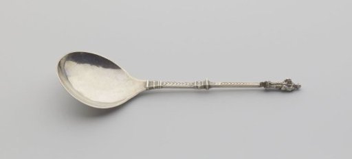 Spoon with pear-shaped bowl and pilaster-shaped stem, surmounted by John the Evangelist with the chalice