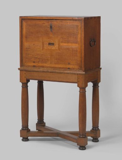 Writing Cabinet of Oak, with Inlay of Rosewood. The Front is Closed by a Drop-Leaf with the Year 1628