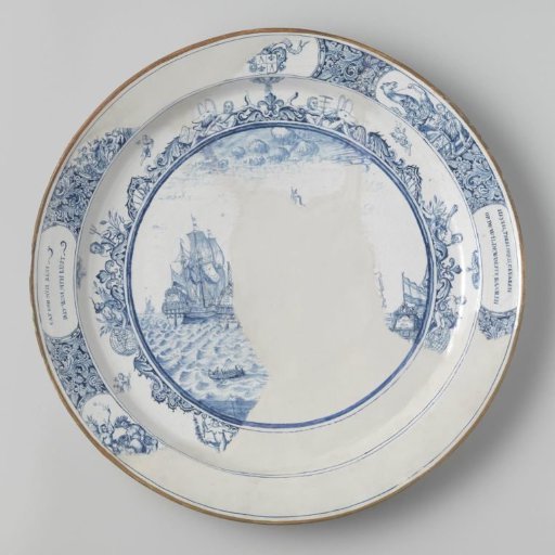 Dish, blue painted with a scene of warships at sea