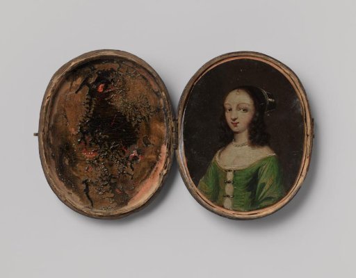 Oval box containing a female portrait and thirteen transparencies painted with various costumes