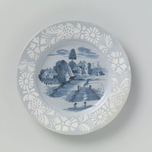 Plate, the flat painted with a landscape with houses
