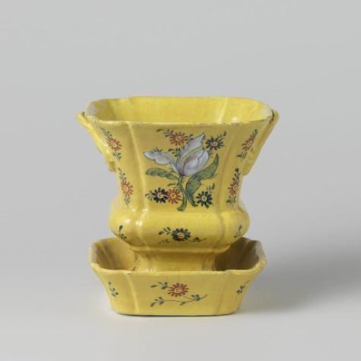 Flower pot of multicoloured painted faience, with saucer