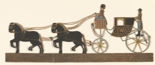 Cutout of a carriage with coachman and groom, drawn by four horses