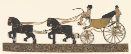 Cutout of a carriage with coachman and groom, drawn by four horses