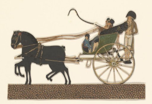 Cutout of a two-wheeled calèche with groom, drawn by two horses