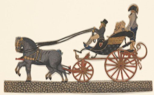 Cutout of a calèche with coachman and groom, drawn by two horses