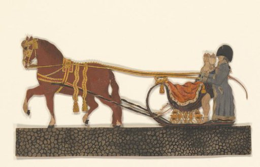 Cutout of a sled with two figures, drawn by one horse