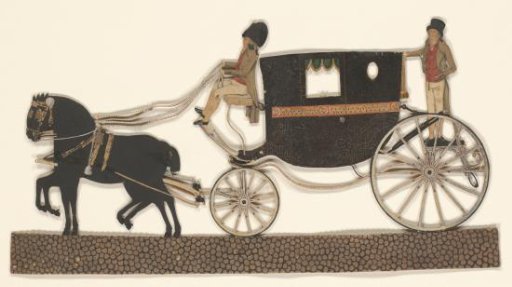 Cutout of a closed carriage with coachman and groom, drawn by two horses