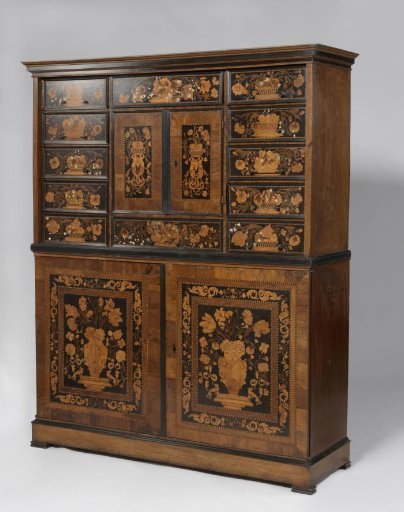 Cabinet with Marquetry of Flowers, Birds, Butterflies, Mermaids and Tritons with Conch Shells