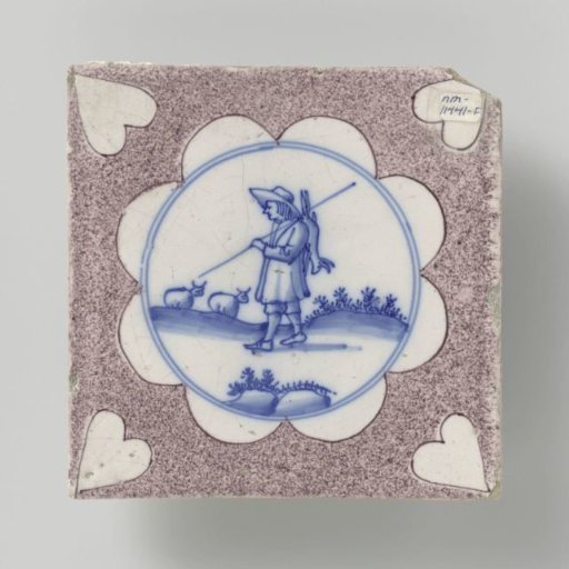 Tile with a blue-painted pastoral scene