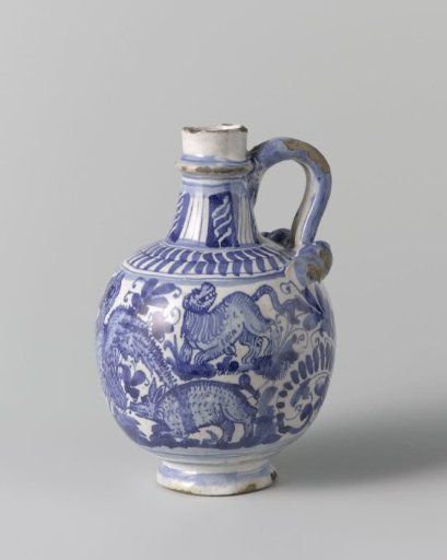 Mug decorated with an owl, a pig, a hare, and dogs