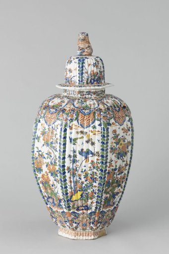 Pot with lid of multicolored painted faience