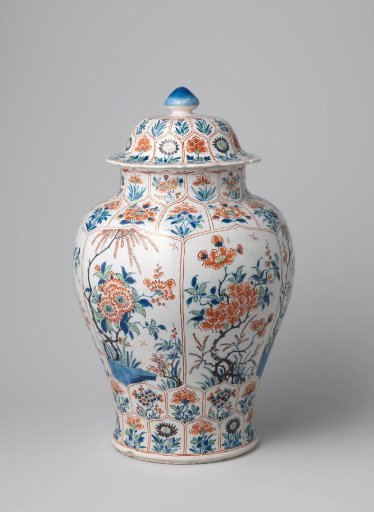 Lidded pot of multicoloured painted faience