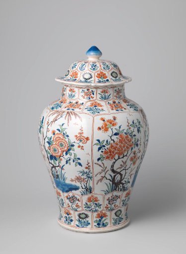 Lidded pot of multicoloured painted faience