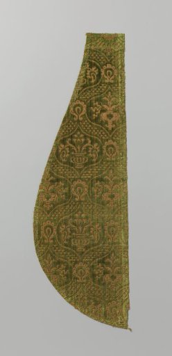 Fragment of silk velvet with a pattern of pointed ovals containing stylized flower vases, in yellow, gold and green
