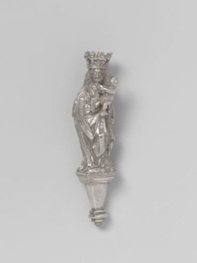 Statue on console of cast silver, depicting a crowned Madonna with Child