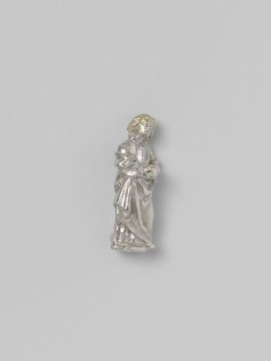 Statue of cast silver, depicting a saint with folded hands, in a long draped robe