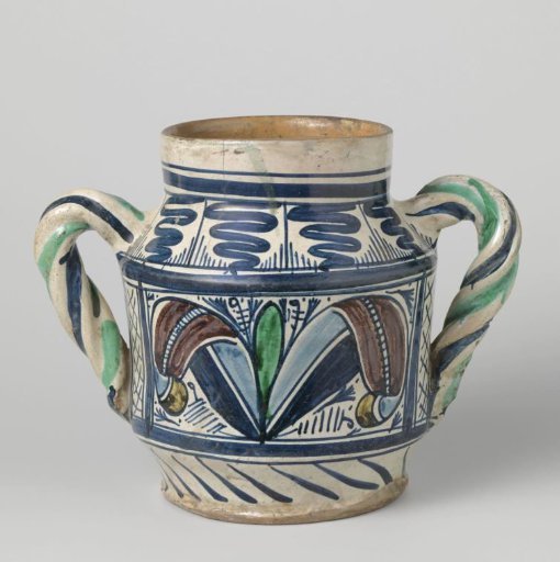 Pot, cylindrical, polychrome painted with a compartment on each side of the body containing a stylized flower or plant