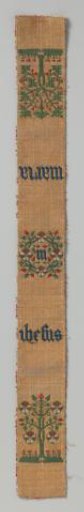 Border, Fragment, Woven, with Flowered Trees Alternating with a Rosette and the Words 'Ihesis Maria'