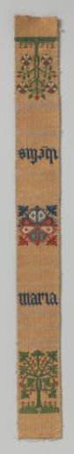 Border, fragment, woven, with flowering trees alternating with a rosette and the words 'ihesis maria'