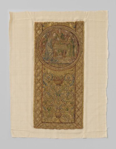 Fragment of an auri-frieze, with embroidery of gold thread and silk