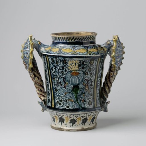 Albarelo, polychrome painted with floral scrolls and oval coat of arms